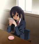  brown_eyes coffee cup k-on! long_hair mattaku_mosuke mug nakano_azusa school_uniform sitting solo table twintails window 