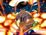  blue_hair explosion food fruit hand_on_hip hat hinanawi_tenshi ke-su long_hair peach red_eyes smile sword sword_of_hisou touhou weapon 