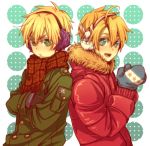  america_(hetalia) axis_powers_hetalia back-to-back blonde_hair blue_eyes circus66 coat crossed_arms earmuffs green_eyes male mittens multiple_boys plaid plaid_scarf scarf tartan uniform united_kingdom_(hetalia) 