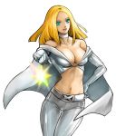  belt blonde_hair blue_eyes blue_hair breasts cape choker cleavage elbow_gloves emma_frost gloves large_breasts marvel midriff moreshan simple_background skin_tight solo thighs x-men 