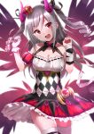  1girl :d argyle bandages black_wings dress drill_hair gloves hair_ribbon head_tilt heart horns idolmaster idolmaster_cinderella_girls kanzaki_ranko long_hair mini_crown open_mouth red_eyes ribbon silver_hair single_glove smile solo sonsoso thigh-highs twin_drills two_side_up white_gloves wings 