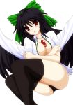  :o asu black_hair black_legwear black_thighhighs blush breasts character_request cleavage crossed_arms large_breasts lying no_pants open_clothes open_mouth open_shirt red_eyes reiuji_utsuho ribbon shirt simple_background solo thigh-highs thighhighs touhou white_background 
