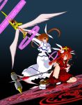   2girls blue_eyes bow braid rabbit dress gloves graf_eisen hair_ribbon hat magic_circle mahou_shoujo_lyrical_nanoha mahou_shoujo_lyrical_nanoha_a&#039;s multiple_girls raising_heart redhead ribbon ryokusuiteien takamachi_nanoha twin_braids twintails violet_eyes vita  