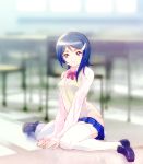  blue_hair blush hair_ornament hairclip idolmaster idolmaster_dearly_stars mizutani_eri riyo_(riyontoko) school_uniform short_hair sitting smile solo thigh-highs thighhighs wariza 