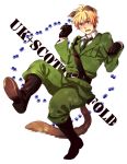  animal_ears axis_powers_hetalia bad_id belt blonde_hair blush boots circus66 gloves green_eyes male necktie paw_print solo tail uniform united_kingdom_(hetalia) 