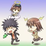  brown_hair chibi cloud clouds electricity gekota halo head_mounted_display kamijou_touma kotaken misaka_imouto misaka_mikoto school_uniform skirt tears to_aru_kagaku_no_railgun to_aru_majutsu_no_index uniform 