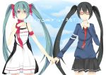  black_hair closed_eyes dress dual_persona glasses green_eyes green_hair hatsune_miku holding_hands monochrome_blue_sky_(vocaloid) ribbon seifuku smile necktie twintails vocaloid  