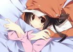  bed_sheet brown_eyes brown_hair cabbie_hat hat kuwajima_reon kuwashima_rein monogatari_(series) pillow sengoku_nadeko solo 