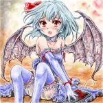  bare_shoulders bat_wings bloomers blue_hair book choker commentary dress elbow_gloves fujoshi gloves lowres nanashii_(soregasisan) oekaki red_eyes remilia_scarlet short_hair sitting slit_pupils solo strapless_dress surprised thigh-highs thighhighs touhou wings 
