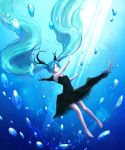  aqua_eyes aqua_hair bare_shoulders barefoot black_dress blue_eyes bubble dress floating_hair hatsune_miku kaja legs long_hair outstretched_arm reaching shinkai_shoujo_(vocaloid) sleeveless solo sunbeam sunlight twintails underwater very_long_hair vocaloid 