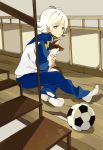  blue_eyes cat floor fubuki_shirou holding inazuma_eleven loo short_hair single_shoe sitting stairs uniform white_hair 