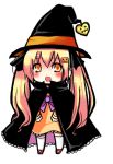  blush cape chibi halloween hat long_hair lowres mushi_baibai open_mouth orange_eyes original smile solo twintails witch_hat 