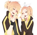  blonde_hair brother_and_sister casual closed_eyes earrings hair_ornament hair_ribbon hairclip heart jacket jewelry kagamine_len kagamine_rin nail_polish necklace open_mouth ponytail ribbon ring short_hair siblings smile takesouko track_jacket twins vocaloid wristband 