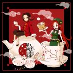 beret branch chatonorange china_(hetalia) china_dress chinese_clothes crossover cup flandre_scarlet green_eyes hat hong_meiling in_container in_cup izayoi_sakuya knife long_hair maid_headdress minigirl nikuman red_hair smile smoke tea teacup teapot touhou very_long_hair wings 