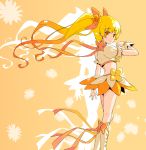  blonde_hair boots cure_sunshine from_behind hair_ribbon heartcatch_precure! kneepits long_hair looking_back magical_girl midriff myoudouin_itsuki orange_(color) orange_background orange_dress orange_eyes precure ribbon shadow skirt solo sw twintails wrist_cuffs 