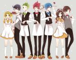  2girls 5boys ahoge apron bel_(pokemon) bell_(pokemon) black_hair blonde_hair blue_eyes blue_hair bowtie brown_eyes brown_hair cheren_(pokemon) chidori_(@rom) corn_(pokemon) cup dent_(pokemon) dress formal glasses green_eyes green_hair grin gym_leader hair_over_one_eye kneehighs maid_headdress multiple_boys multiple_girls open_mouth pod_(pokemon) poke_ball pokemon pokemon_(game) pokemon_black_and_white pokemon_bw red_eyes red_hair redhead shoes simple_background smile spiky_hair stars touko_(pokemon) touya_(pokemon) vest waiter waitress wine_glass wink yellow_eyes 