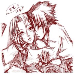  1girl couple haruno_sakura monochrome naruto sketch uchiha_sasuke 