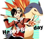  1boy backwards_hat cue_stick goggles goggles_on_head gold_(pokemon) happy_birthday hat mokorei pokemon pokemon_(creature) pokemon_(game) pokemon_gsc pokemon_special smile translated typhlosion 