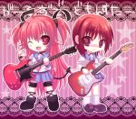  chibi guitar instrument iwasawa long_hair morimori pink_hair red_eyes red_hair redhead school_uniform serafuku short_hair wink yui_(angel_beats!) 
