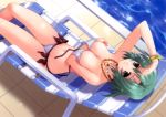  absurdres bracelet breast_hold breasts cleavage green_eyes green_hair highres jewelry kimizuka_aoi legs lounge_chair navel necklace pool poolside short_hair solo swimsuit untied 