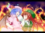  2girls bat_wings battle blood blood_on_face blue_eyes blue_hair braid burning_hand chin_grab china_dress chinese_clothes clenched_teeth fang fire grin hat hong_meiling long_hair multiple_girls mumyuu red_eyes red_hair remilia_scarlet short_hair smile touhou twin_braids wings 