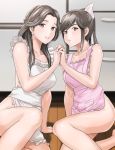  2girls apron ass bare_shoulders bow brown_eyes brown_hair earrings hair_bow holding_hands jewelry long_hair love_plus mother_and_daughter multiple_girls naked_apron ponytail sisters smile takane_manaka takane_sumi usatarou 