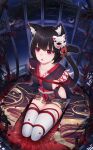  7t absurdres animal_ear_fluff animal_ears arms_behind_back azur_lane bdsm black_hair bondage bound bound_arms bound_legs breasts cage cat_ears cat_girl cat_tail chinese_commentary collarbone commentary_request cushion dutch_angle from_above full_body highres in_cage japanese_clothes kimono kneeling large_breasts looking_at_viewer looking_up mask mask_on_head obi obijime open_mouth petals plant red_eyes red_rope rope sash seiza shibari short_hair short_kimono sideboob sitting sleeveless sleeveless_kimono tail thick_eyebrows thigh-highs thorns vines white_legwear yamashiro_(azur_lane) 