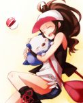  asahikawa_hiyori blush brown_eyes cap closed_eyes hat hug oshawott poke_ball pokemon pokemon_(game) pokemon_bw touko_(pokemon) 
