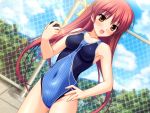  :d armpits blush breasts chainlink_fence cloud competition_swimsuit dutch_angle fence game_cg hair_ribbon hand_on_hip impossible_clothes impossible_swimsuit long_hair minase_rin minase_rin_(splash!) navel one-piece_swimsuit open_mouth outdoors pink_hair pool poolside redhead ribbon skin_tight sky smile solo splash! standing stopwatch striped striped_swimsuit swimsuit timer very_long_hair watch yellow_eyes 