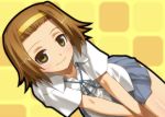  bent_over brown_eyes brown_hair dutch_angle hairband k-on! school_uniform short_hair smile solo tainaka_ritsu umekichi v_arms 