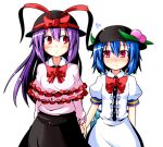  alternate_hair_length alternate_hairstyle blouse blue_hair blush bowtie food fruit hat hat_ribbon hinanawi_tenshi holding_hands ichimi long_hair multiple_girls nagae_iku peach purple_hair red_eyes ribbon short_hair skirt touhou 