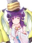  1girl animal_ears artist_name bare_shoulders blush cape cat_ears closed_mouth dragon_girl dragon_wings dress eyebrows_visible_through_hair fire_emblem fire_emblem:_seima_no_kouseki fire_emblem_heroes fur_trim hand_on_another&#039;s_head highres ippers japanese_clothes kimono long_hair multi-tied_hair myrrh obi one_eye_closed petting purple_hair sash sleeveless sleeveless_kimono twintails violet_eyes wings 