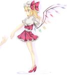  blonde_hair flandre_scarlet hat high_heels legs outstretched_arms ponytail profile red_eyes shoes short_hair side_ponytail smile solo touhou wings yumesato_makura 