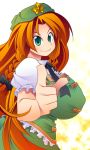  bad_id braid breasts green_eyes hat hong_meiling huge_breasts long_hair pointing red_hair redhead smile solo touhou twin_braids ushi 
