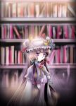  1girl book bookshelf crescent hat library long_hair patchouli_knowledge purple_eyes purple_hair sakayaki_yuuya solo touhou voile 