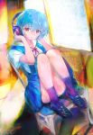  blue_hair chair headphones highres legs loafers neon_genesis_evangelion nerv osamu red_eyes ribbon school_uniform shoes short_hair sitting smile socks solo 