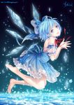  back bare_back bare_shoulders barefoot blue blue_eyes blue_hair bow cirno dress face feet hair_bow hands ice legs short_hair smile solo tidsean touhou water wings 
