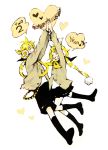  blush brother_and_sister hair_ornament hair_ribbon hairclip headphones heart high_five jacket kagamine_len kagamine_rin kneehighs kuwahara_souta looking_up necktie open_mouth ponytail ribbon scarf short_hair shorts siblings skirt smile so_(artist) socks striped striped_scarf twins vocaloid yellow_eyes 