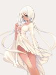  blush breasts cleavage dark_skin highres long_hair no_bra saibashi simple_background solo very_long_hair white_hair 