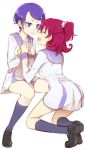  2girls aida_mana blush closed_eyes dokidoki!_precure hair_ornament hairclip hands_together kenzaki_makoto kneeling long_hair looking_down minatsuki_randoseru multiple_girls open_mouth pink_eyes precure purple_hair short_hair smile violet_eyes 