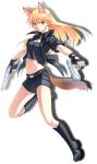  belt beretta_92 bliss_(artist) blonde_hair boots brown_eyes dual_wielding fingerless_gloves gloves gun handgun highres knee_boots long_hair midriff navel original pistol shadow shorts simple_background solo tail weapon wolf_ears wolf_tail 