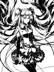  1girl detached_sleeves elbow_gloves expressionless floating_hair gloves hatsune_miku high_contrast long_hair looking_at_viewer monochrome pantyhose rella skirt solo twintails very_long_hair vocaloid 