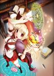  anonimasu bad_id blonde_hair blush book bookshelf breasts cape chain hat highres library long_hair magic magic_circle open_mouth red_eyes solo wand witch_hat wristband 