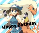  1girl blaziken blue_eyes brown_hair fangs gloves happy_birthday hat mokorei odamaki_sapphire pokemon pokemon_(creature) pokemon_special smile 