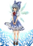  bloomers blue_eyes blue_hair bobby_socks cirno dress hands_clasped mary_janes petticoat poruhi shoes short_hair shy socks solo touhou v_arms wings 
