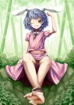  anklet aratama bamboo bamboo_forest barefoot black_hair bunny_ears carrot collar colored_eyelashes eyelashes feet forest grass grin highres inaba_tewi jewelry midriff nature panties pendant rabbit_ears short_hair smile solo touhou underwear wink yellow_eyes 
