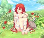  barefoot bird curryuku elfen_lied feet flower helmet horns leg_hug long_hair lucy naked_bandage nature nude red_eyes red_hair red_rose redhead rose sitting smile solo 