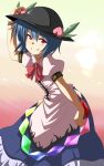 1girl alternate_hair_length alternate_hairstyle blue_hair bowtie face food fruit hand_on_head harusame_(unmei_no_ikasumi) hat hinanawi_tenshi long_skirt peach red_eyes short_hair skirt smile solo touhou