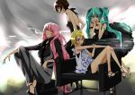  alternate_costume aqua_hair bespectacled blonde_hair blue_eyes brown_eyes brown_hair cigarette dress glasses hair_ornament hairclip hatsune_miku kagamine_rin kumako kumano_yuzuko leaning legs long_hair megurine_luka meiko multiple_girls pink_hair short_hair sitting smoking twintails vocaloid 