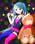  bad_id blue_eyes blue_hair bowtie choker cup gem hat hatsune_miku jewelry mini_top_hat necklace sitting smile stuffed_animal stuffed_toy teddy_bear thigh-highs thighhighs top_hat twintails vocaloid wine_glass 